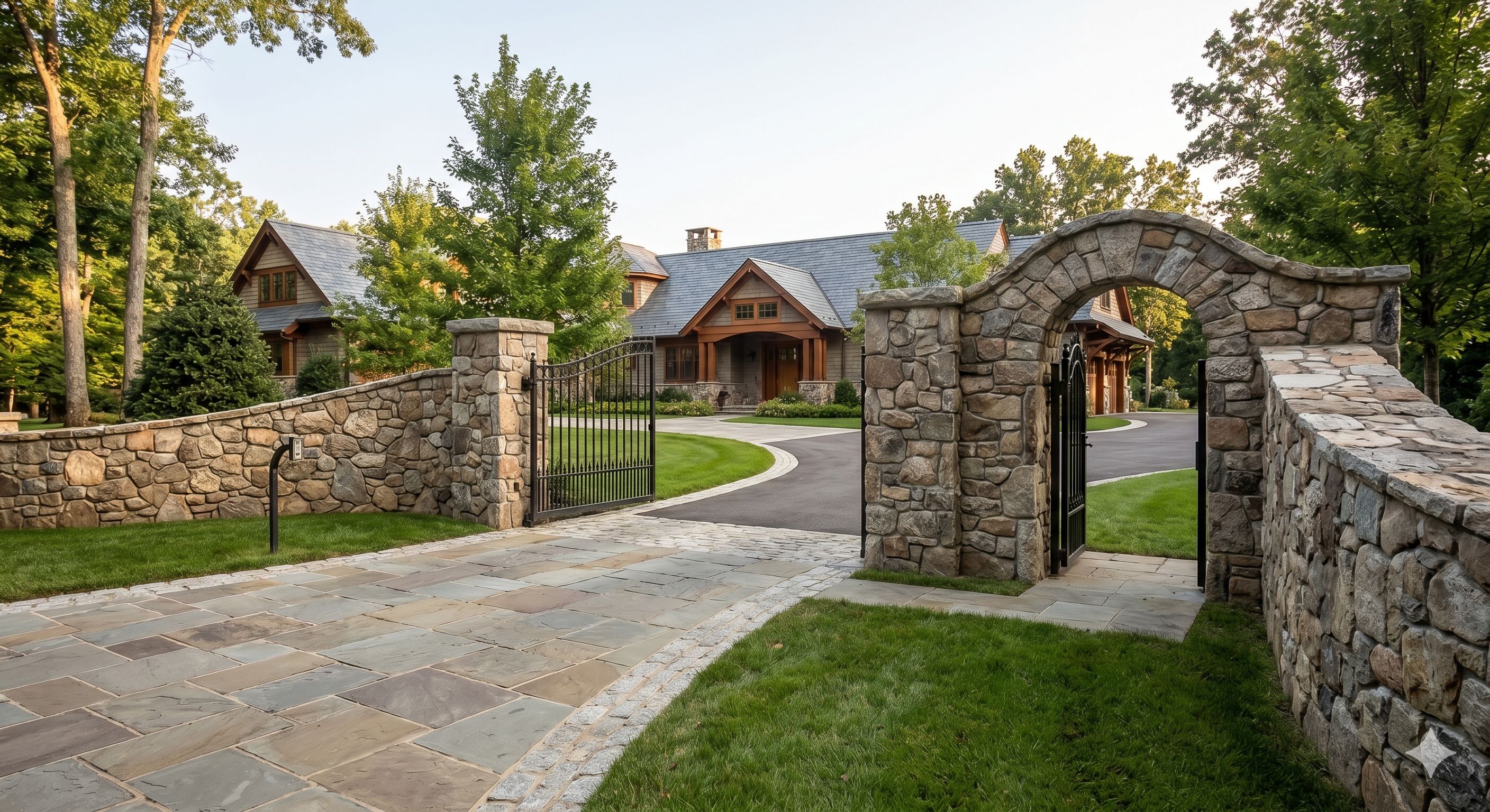 Stone retaining wall and masonry entrance showing the type of structural work used for retaining wall repair in Rhode Island