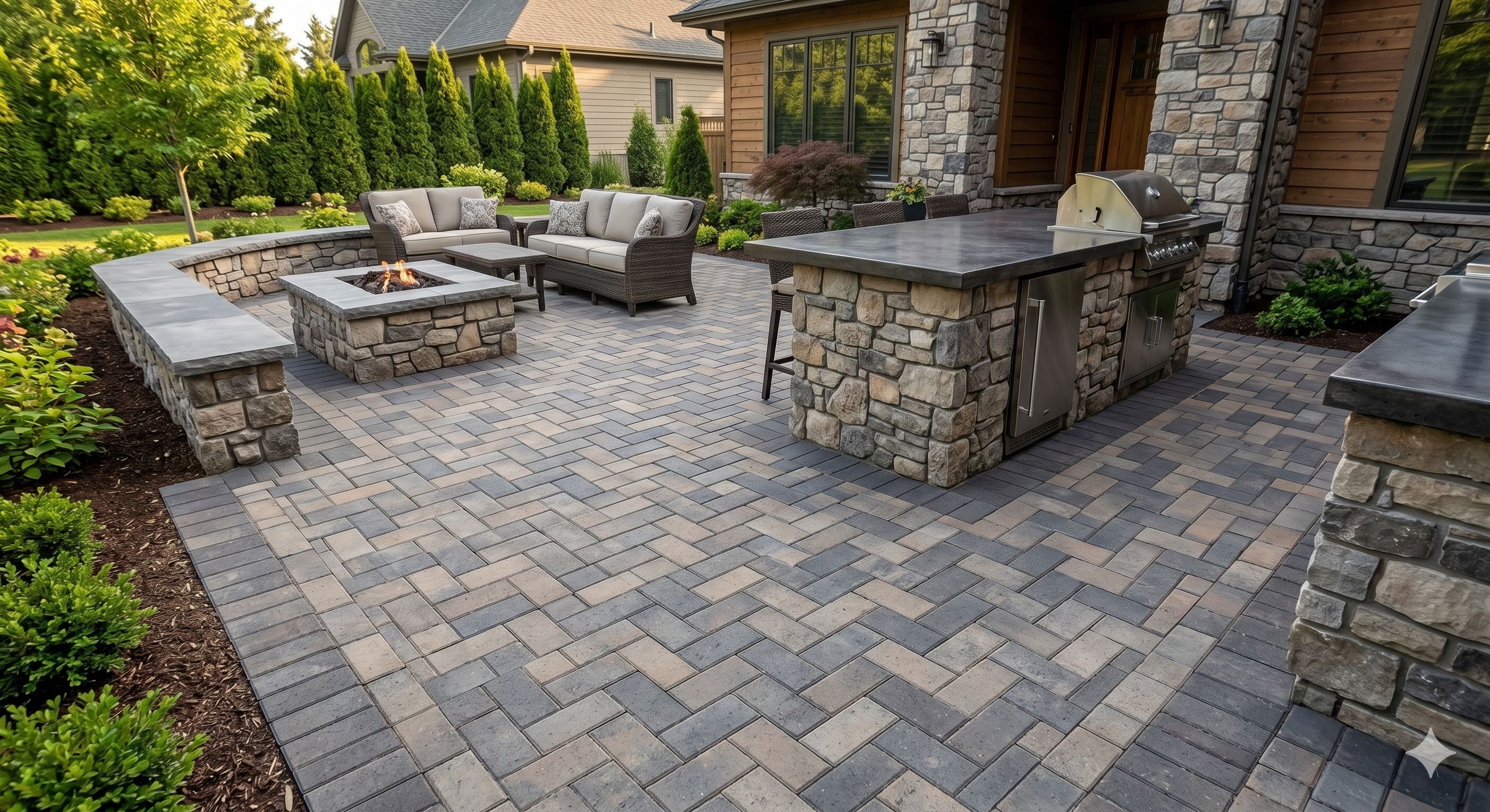 Custom outdoor living patio with pavers, stone features, seating, and fire pit designed for a Rhode Island backyard